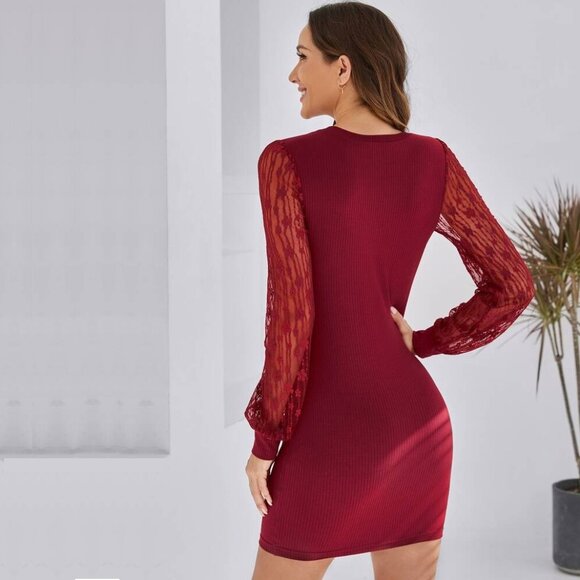 2/$24 SHEIN Sheer Embroidery Mesh Lantern Sleeve Bodycon Dress Red #A0338 TRB2 - Picture 4 of 7